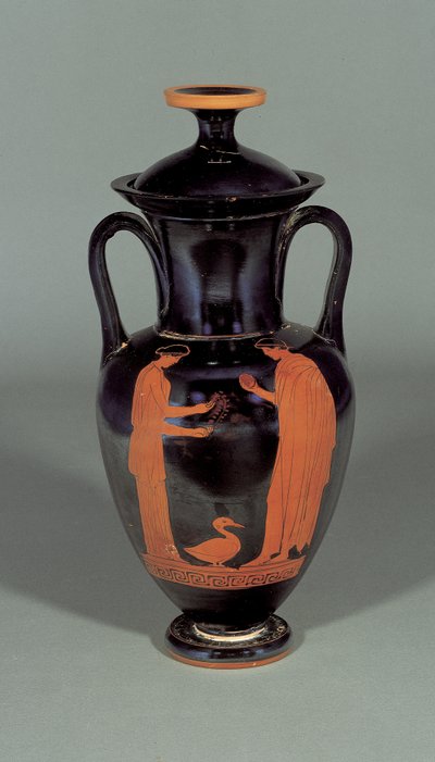 العلية أمفورا نولان ذات الشكل الأحمر تصور شكلين وبطة ، 460-450 قبل الميلاد (الطين) بواسطة رسام لندن E342